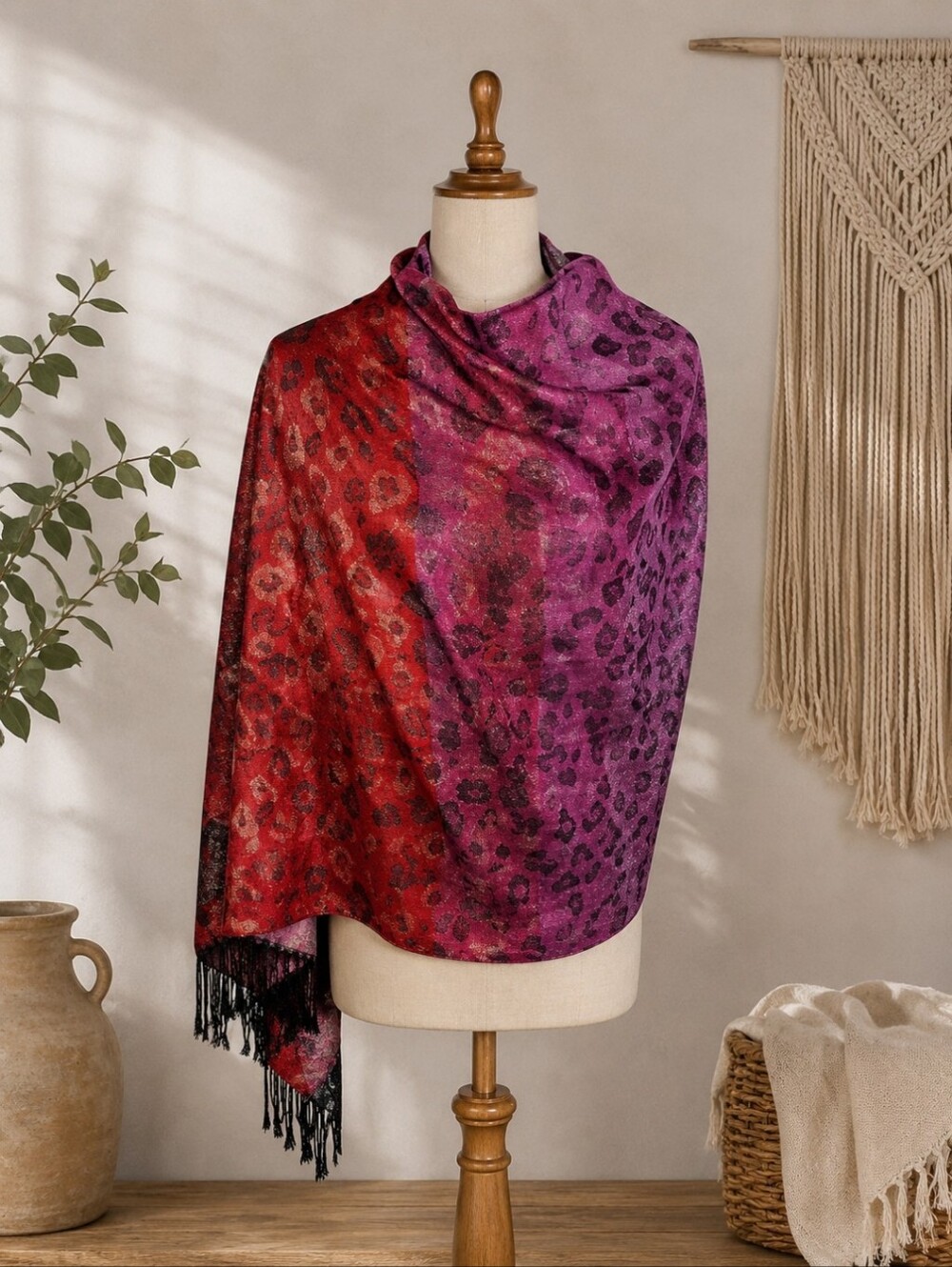 Metallic ~ Leopard Print Red & Black Gradient Fringe Scarf / Wrap~OSFM
